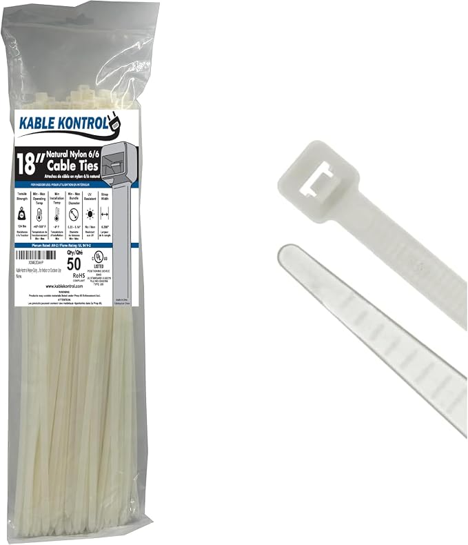 Kable Kontrol Cable Zip Ties, 18 Inch 50 Pcs, HD 120lbs Test, Natural White | Nylon Plastic, Self Locking, UL Listed, Indoor Use