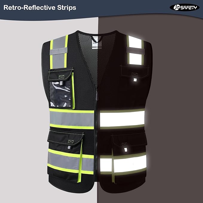 JKSafety Hi Vis Reflective Safety Vests for Men Women High Visibility Vest with Pockets Mesh Fabric Construction Safety Apparel Neon Vest for Work (220-Black L) (Pack of 2)