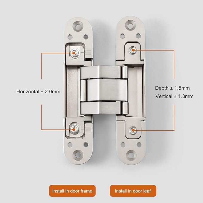 YAGU 5.5 inch 3 Way Adjustable Invisible Hinges Hidden Door Hinges Concealed Hinges Zinc Alloy 180 Degree Swing Hinge 5.5 x 3 x 1.1 inch Matte Silver (1 Piece)