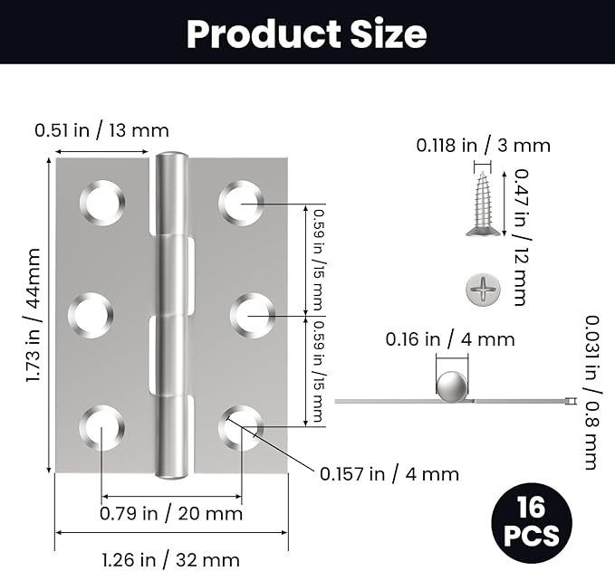 16 Pcs Small Stainless Steel Door Hinges, 2 inch Window Folding Hings, Home Furniture Hardware with 96 Screws (Silver)