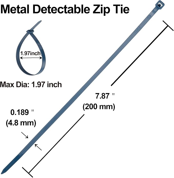 8" Metal Detectable Zip Ties,High Visibility Blue,Self Locking Nylon Ties,Perfect for Food Processing Pharmaceutical Factory Safety Use(pack of 10000 pcs).