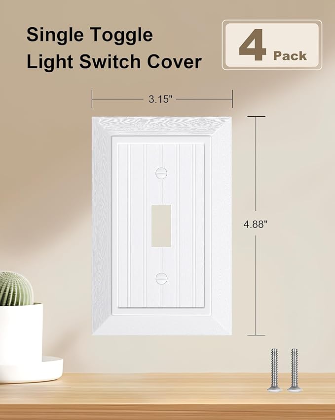4-Pack Classic Beadboard Single Toggle Light Switch Cover Plate, Unbreakable Polycarbonate Decorative Switch Plate Covers, Pure White 1 Gang Wall Plate
