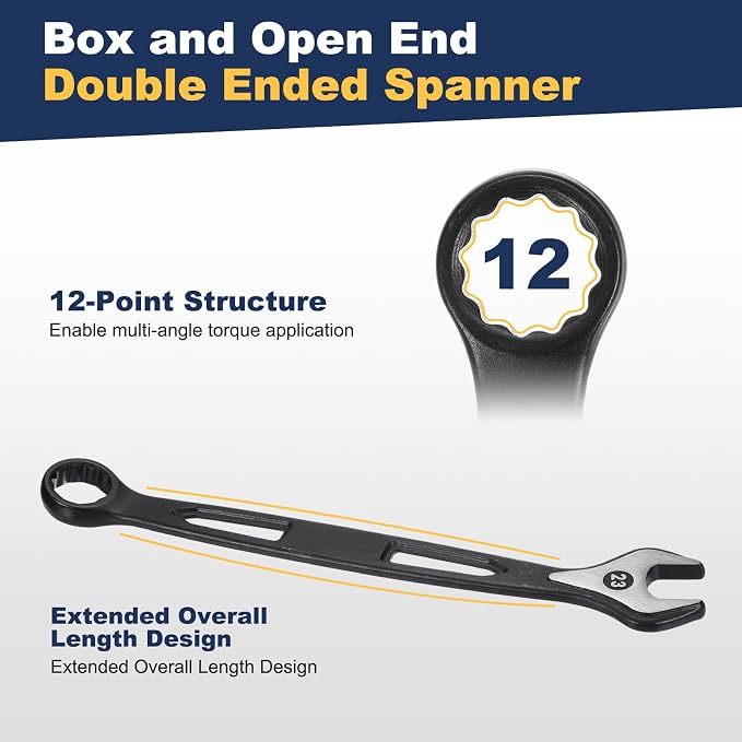 HARFINGTON 2pcs Combination Wrench 13mm Metric Extra Long 12-Point Box and Open End Carbon Steel Double Ended Industrial Grade Spanner for Automotive Furniture Machinery DIY Repair, Black