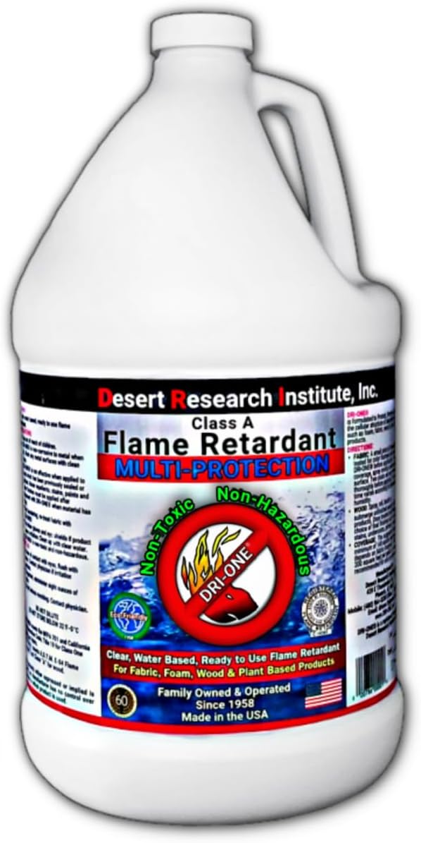 Fire Retardant Spray Liquid Solution (Class A for Fabric, Wood, Absorbent Materials & More) Eco-Safe, Non Toxic, C.A.C. Title-19, ASTM E84, DRI-ONE 1 Gallon