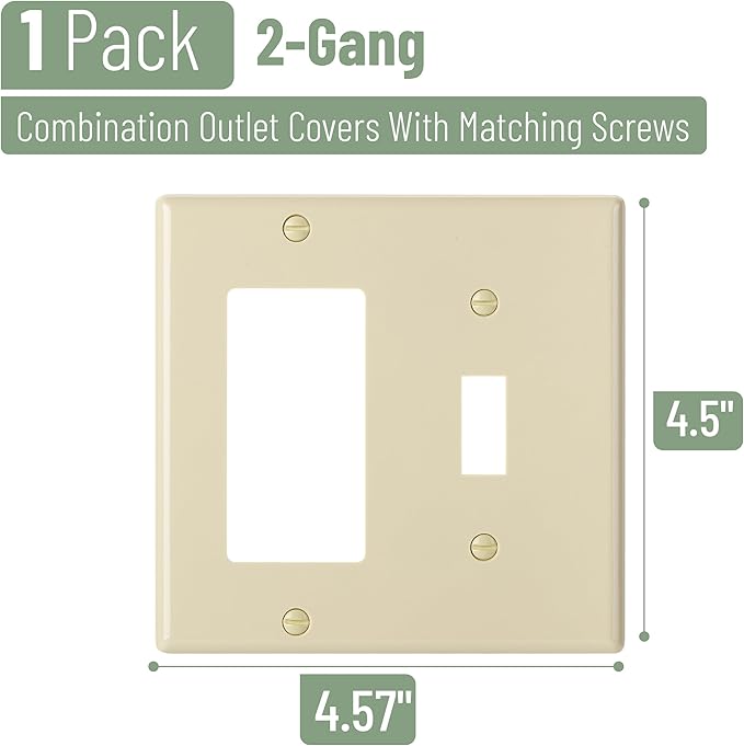 Bates- Combination Wall Plate, Toggle Switch/Decorator, Ivory, 4.5"x4.57"/Standard Size, 2 Gang Wall Plate