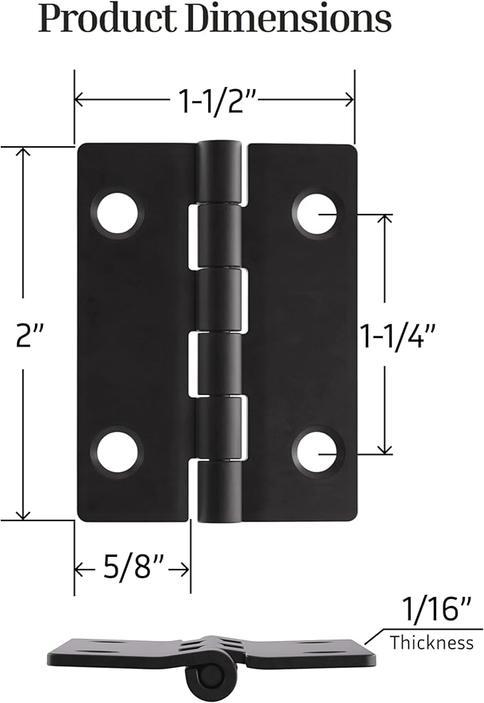 Flat Black Butt Hinges - 2" x 1-1/2" - Pack of 16 - Flush Mount Cabinet Door Hinges - Furniture Hardware - BH7-SBL (8)
