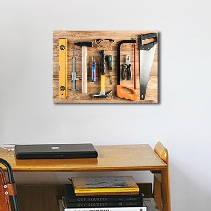 Assorted Work Tools on Wood Background Picture 1 Panels Canvas Wall Art Hammer and Ruler Poster Framed Artwork for Home Living Room Bedroom Wall Decor Ready to Hang (12" Wx18 H)