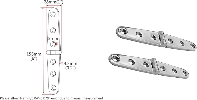 316 Stainless Steel Boat/Door Hinge ，Heavy Duty Marine Grade Cupboard Cabinet Drawer Door Strap Butt Hinge Furniture Hardware (Size: 6”X1”,2pcs)