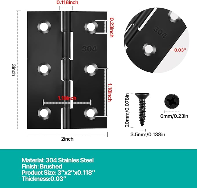 Black Butt Hinges 3 Inch for Furniture Door Window Case Lid and Wooden Box Chest, Pack of 12