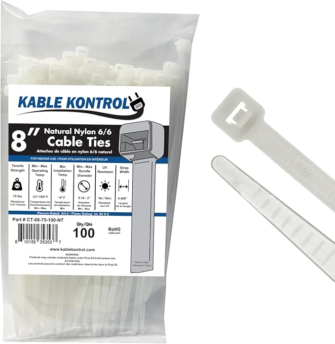 Kable Kontrol Cable Zip Ties, 8 Inch, 100 Pcs, 75lbs Test, Natural White | Nylon Plastic, Self Locking, UL Listed, Indoor Use