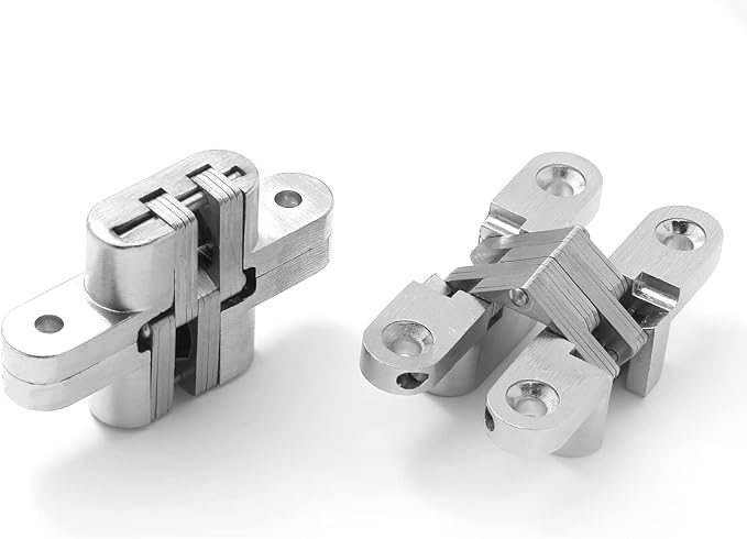 Hidden Gate Hinge 2-3/8" Stainless Steel 180 Degree Invisible Cross Hinges for Kitchen Cabinet Door Frameless Concealed Hinge with Screws, 4pcs