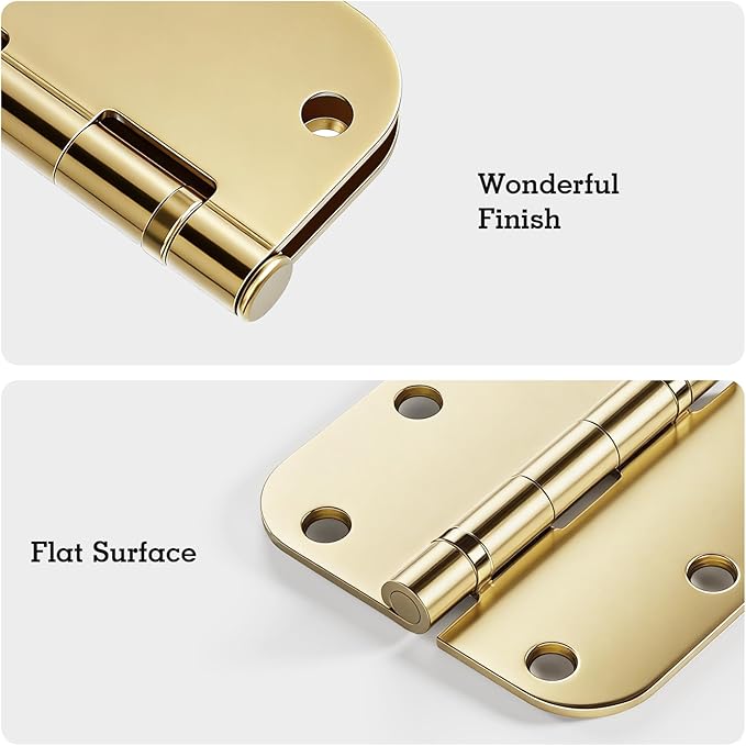 3 Pack Rounded Polished Brass Door Hinges 3.5 Inch 5/8" Radius No Squeak Ball Bearing Interior 3-1/2"Flat Iron Bifold Residential Standard Bedroom Indoor for Doors 3 ½" Hardware Control Home Decor