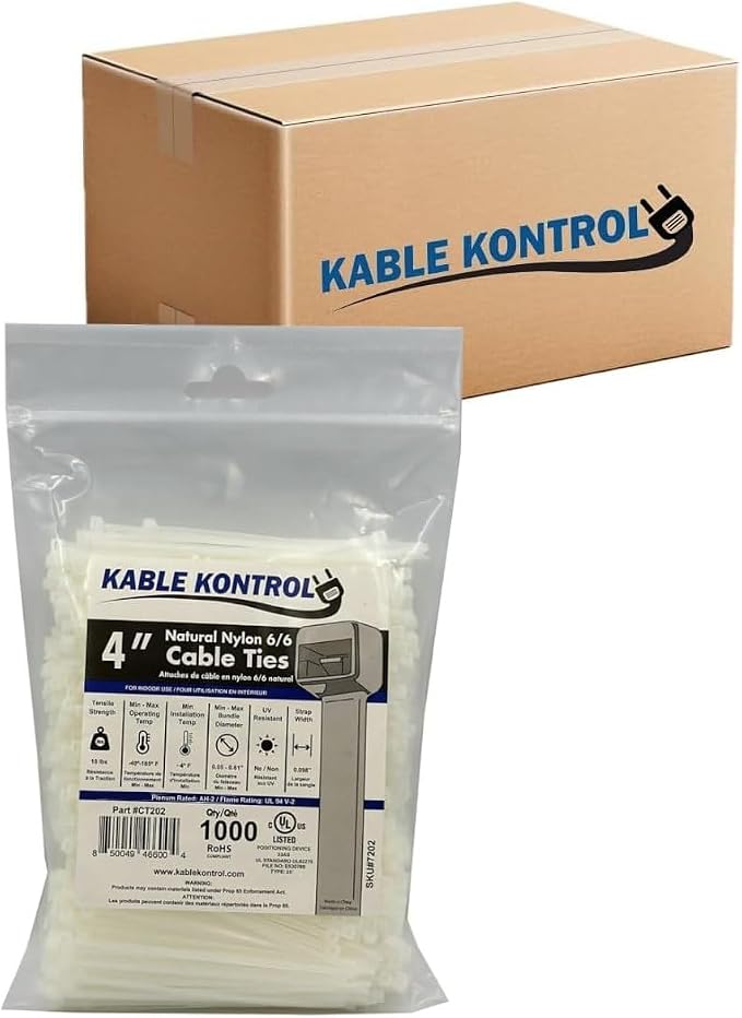 Kable Kontrol Cable Zip Ties, 4 Inch, 40000 Pcs, 18lbs Test, Natural White | Nylon Plastic, Self Locking, UL Listed, Indoor Use