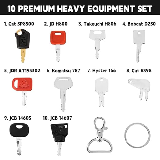 10 PCS Heavy Equipment Key Set, Construction Ignition Master Key Kit Compatible with John Dee re Hitachi Case New Holland Bobcat JLG Komatsu Hyster Caterpillar and More