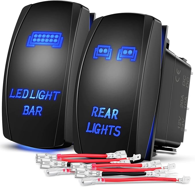 Nilight 2 Pack Rear Lights Rocker Switch Led Light Bar Switches 5Pin Laser On Off SPST switches 20A/12V 10A/24V Blue with Jumper Wires Set for Cars Trucks RVs
