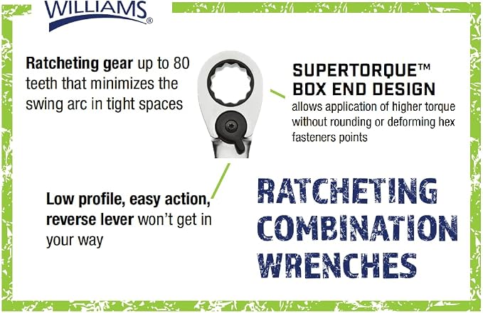 Williams MWS-4RC 4-Piece Metric Reversible Ratcheting Combination Wrench Set