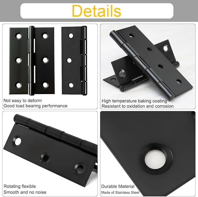 6 Pack 3 Inch Black Stainless Steel Butt Hinges with Screws, Heavy Duty Rust-Resistant Cabinet Door Hinges for Furniture, Jewelry Boxes, Cabinets, and DIY Projects