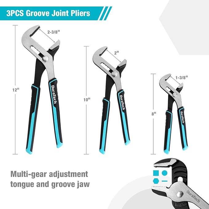DURATECH 8-Piece Pliers Set with Rolling Pouch, Cr-V/Cr-Ni Construction | 3 Groove Joint Pliers (12", 10", 8"); 8" Adjustable Wrench; Linesman, Long Nose & Slip Joint Pliers; 6" Diagonal Pliers