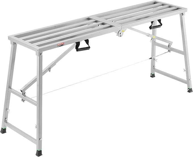 VEVOR Work Platform, 63"x 15" Portable Scaffolding Platform, Folding Steel Step Ladder Adjustable Height 31.5”-50.1”, 800 lbs Load Capacity, Non-Slip Drywall Painting Stool for Cleaning &Washing