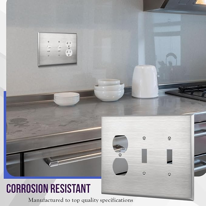 ENERLITES Combination Two Toggle/One Duplex Receptacle Metal Wall Plate, Oversize 3-Gang, 5.51” x 7.48”, UL Listed, 771221O, 430 Stainless Steel