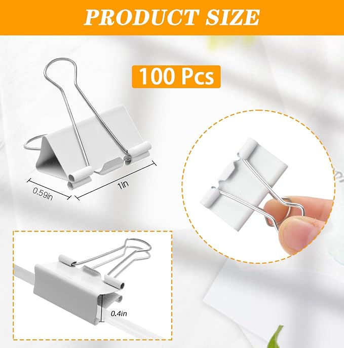 Jetec 100 Pack 1in/25mm White Metal Binder Clips Bulk Medium Reusable Fold Back Binder Clips Paper Clamps Spring Steel Sturdy for Home School Office Supplies