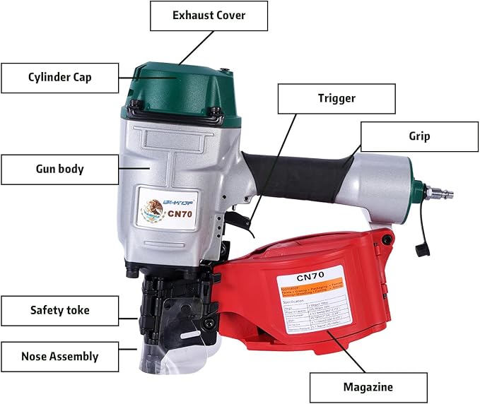Mexican Style CN70 Coil Siding Nail Gun, 15 Degree Pneumatic Siding Nailer, 1-3/4" to 2-3/4" Coil Siding Nailer for Siding Sheathing Wooding Fencing Decking