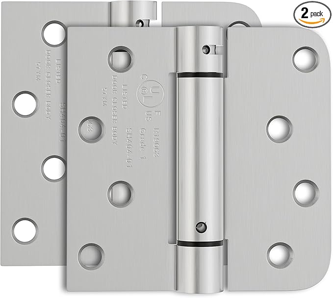 2 Pack Self Closing Door Hinges, 4 Inch Spring Loaded Door Hinges with Square & 5/8'' Radius Corners, Adjustable Tension for Garage, Front, Back Door, UL Listed, Left and Right Hand