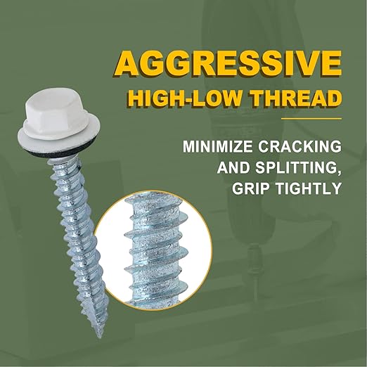 LIONMAX Metal Roofing Screws #14 × 1-1/2 Inch, 500-PCS, White Painted Hex Head Sheet Metal Roof Screws, Rubber Washer, Sharp Point, Metal to Wood Siding Screws, Hex Socket Included