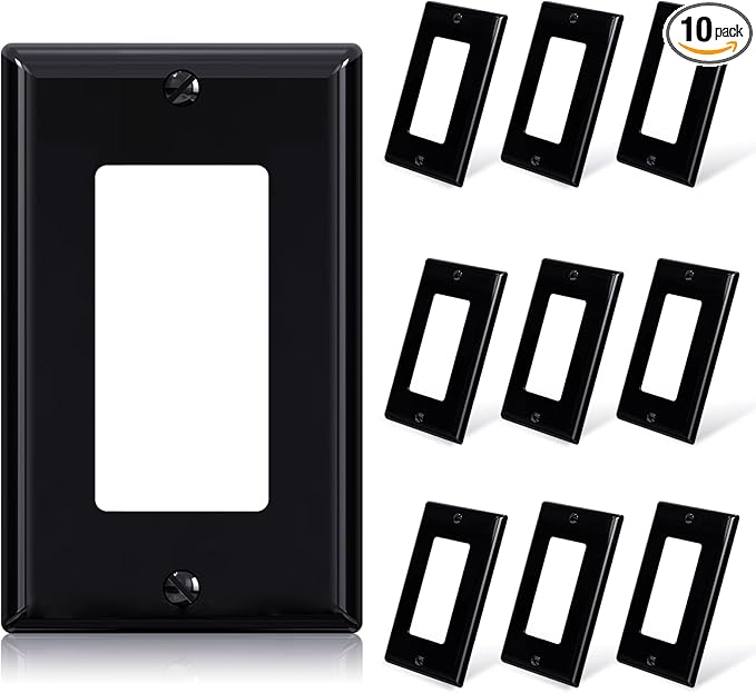 ELEGRP Decorative Receptacle Wall Plate, 1-Gang Standard Size Outlet Decorator Cover, Unbreakable Polycarbonate Dual Port Faceplates Covers, UL Listed, Screws included (10 Pack, Glossy Black)