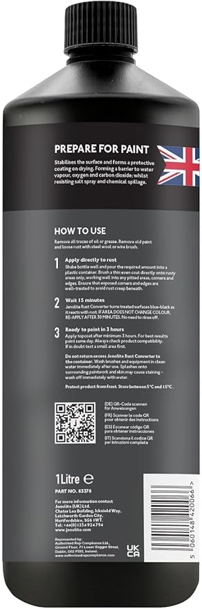 JENOLITE Rust Converter for Metal 1 Liter (33.8 fl oz). All in One Fast‑Acting Water‑Based Rust Reformer, Primer & Inhibitor. Converts Rust to a Paint Ready Surface. Made in Britain.