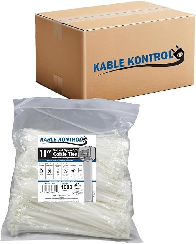 Kable Kontrol Cable Zip Ties, 11 Inch, 8000 Pcs, 50lbs Test, Natural White | Nylon Plastic, Self Locking, UL Listed, Indoor Use