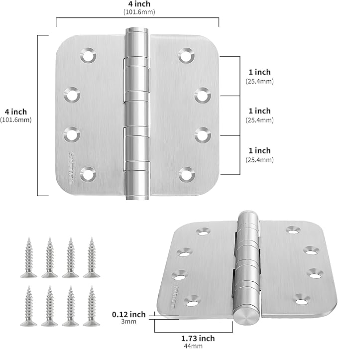 3 Pack goldenwarm Satin Nickel 4'' Door Hinges for Exterior Doors Ball Bearing Door Hinges 4in x 4in with 5/8'' Radius Corners, Heavy-Duty, 304 Stainless Steel