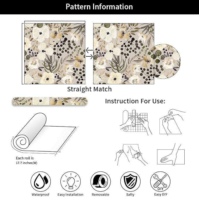 18"x236" Boho Cream/Brown Daisy Flower Peel and Stick Self Adhesive Wallpaper Removable Contact Paper Stick on Easy Peel Off Wall Paper for Kitchen Bedroom Bathroom Renter