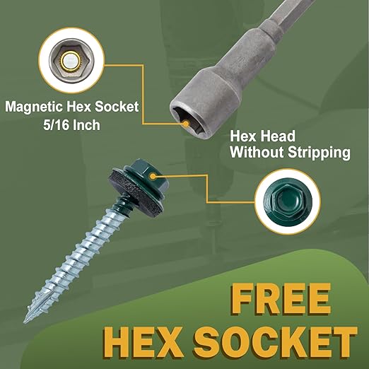 LIONMAX Metal Roofing Screws #10 × 2 Inch, 300-PCS, Forest/Ivy Green Painted Hex Head Sheet Metal Roof Screws, Rubber Washer, Sharp Point, Metal to Wood Siding Screws, Hex Socket Included
