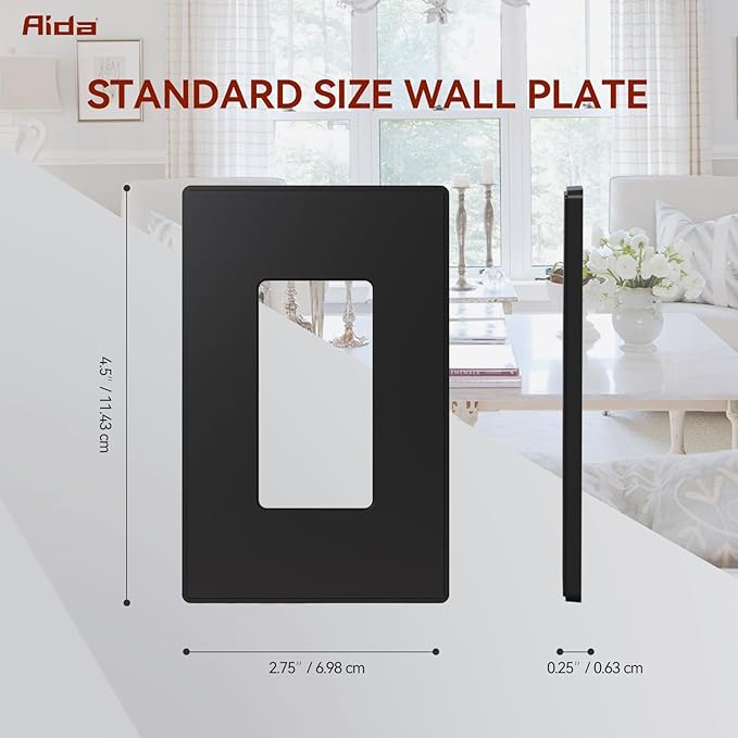 AIDA 1-Gang Screwless Light Switch Cover Plate, Standard Decorative Outlet Covers - Matte Black, 50-Pack Unbreakable Polycarbonate Wall Plates for Decorator Device, UL Listed, 4.5" H x 2.75" L