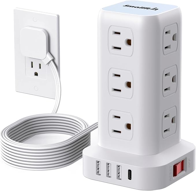 Extension Cord with Multiple Outlets, SMALLRT Flat Plug Surge Protector Power Strip Tower with USB 12 AC Outlets, 6.5FT Ultra Thin Extension Cord Outlet Extender for Home Office, Overload Protection