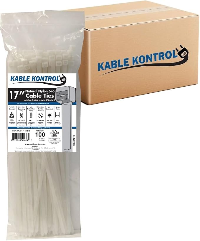 Kable Kontrol Cable Zip Ties, 17 Inch 1500 Pcs HD 175lbs Test Natural White | Nylon Plastic, Self Locking, UL Listed, Indoor Use