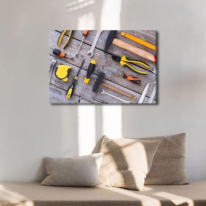 Various Tools for Working in the Workshop Picture 1 Panels Canvas Wall Art Bedroom Wrench Tape Measure Tape Glove Poster Framed Artwork for Farmhouse Living Room Wall Decor (12" Wx18 H)