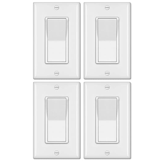 BESTTEN 4 Pack 4-Way Decorator Wall Light Switch with Wallplate, 15A 120/277V, On/Off Paddle Rocker Interrupter, Self-Grounding, UL Listed, White