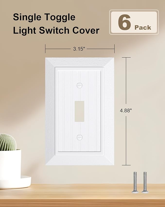 6-Pack Classic Beadboard Single Toggle Light Switch Cover Plate, Unbreakable Polycarbonate Decorative Switch Plate Covers, Pure White 1 Gang Wall Plate