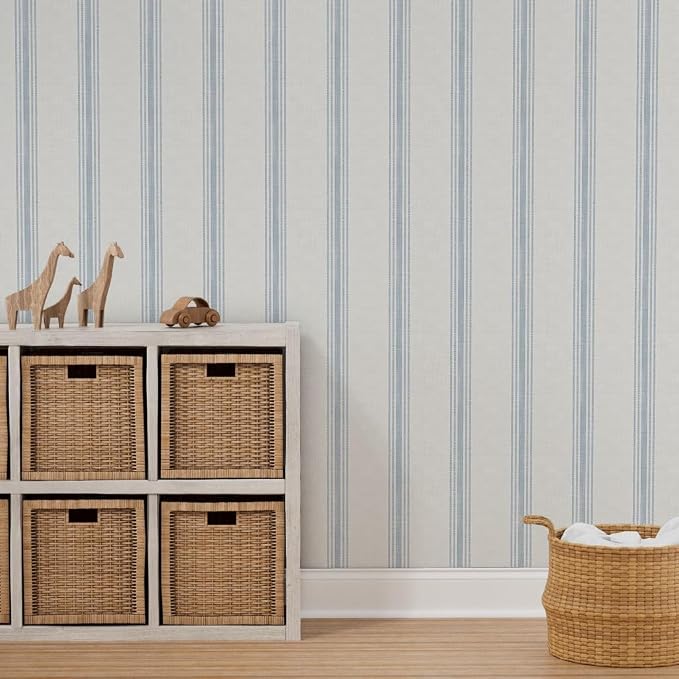 Spoonflower Blue Ticking Stripe Peel and Stick Wallpaper | Roll 24" x 36" | Neutral Cottage Simple Traditional | Self-adhesive, removable and renter-friendly