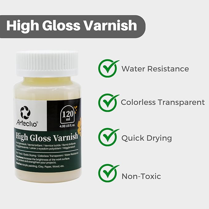Artecho High Gloss Varnish 4oz / 120ml for Air Dry Clay, Acrylic Painting, Wood, Canvas