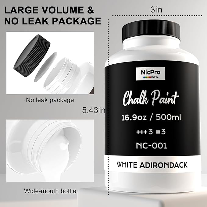 Nicpro All-in-One White Chalk Paint for Furniture, 16.9 oz (500ml) Matte Finish Acrylic Craft Paint, Built-In Primer & Top Coat, Non-Toxic Furniture Paints for Cabinets, Wood, Metal, Home Decor