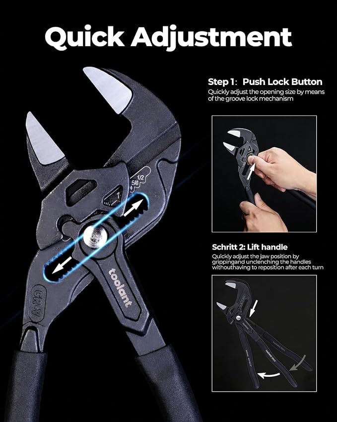 toolant 7-Inch Pliers Wrench – 10:1 Lever Ratio CR-V Steel, Smooth Parallel Jaws, Push-Button Quick Adjust, Zinc Phosphate Finish, with Belt Pouch – for Plumbing, Automotive & DIY
