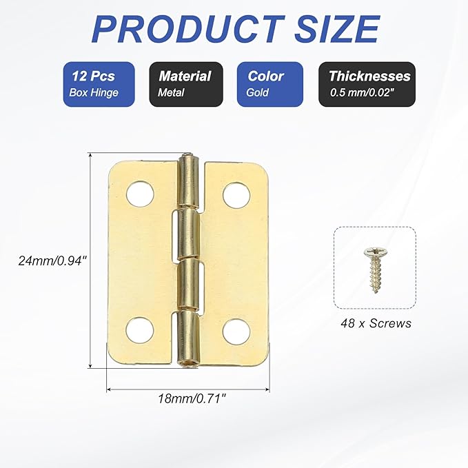 MECCANIXITY Small Butt Hinges 1 Inch Mini Jewelry Box Hinge with Screw for Jewelry Wooden Boxes Cabinet Drawer Doors Gate (Gold Tone, Pack of 12)
