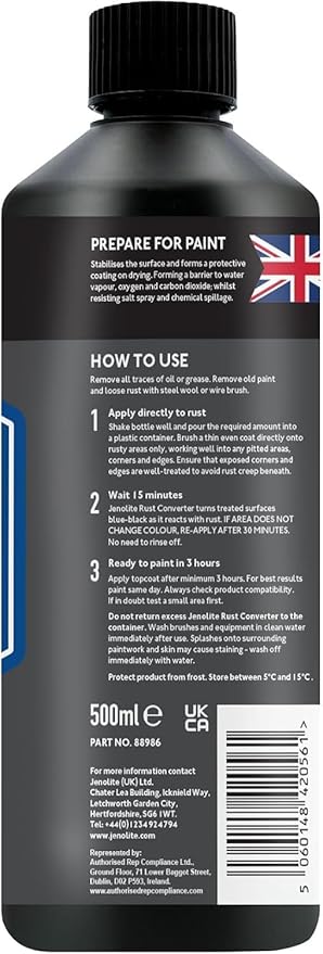JENOLITE Rust Converter for Metal 500 ml (16.9 fl oz) All In One Fast‑Acting Water‑Based Rust Reformer, Primer & Inhibitor in One. Converts Rust to a Paint‑Ready Surface. Made in Britain