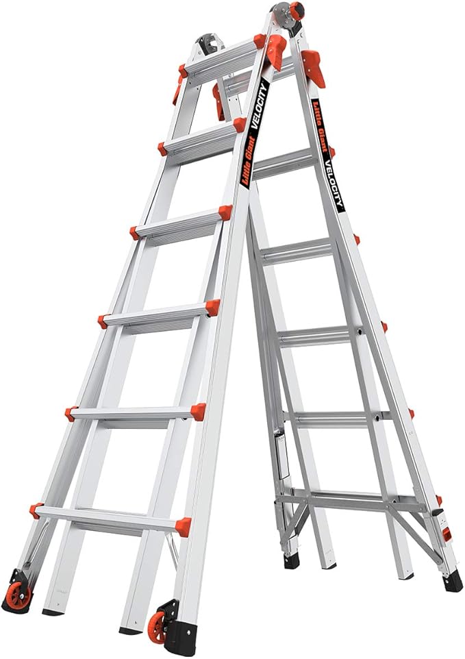 Little Giant Ladders Velocity 26-Ft Folding Multi-Position Ladder, Aluminum, 300 lb Load Capacity, Type 1A Extra Heavy Duty, 26-Ft Reach, with Ratchet Levelers and Wheels (15426-801)