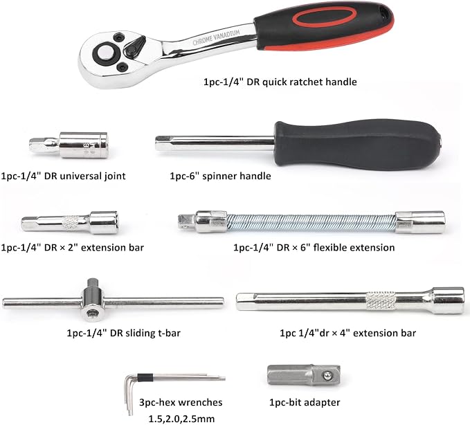 Egofine 53 Pieces 1/4 inch Drive Socket Ratchet Wrench Set with 72 Tooth Reversible Ratchet, with Bit Socket Set and Extension Bar for Auto Repairing and Household, with Storage Case
