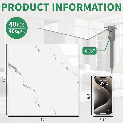 40-Pack Peel and Stick Floor Tiles Vinyl Floor 12 x 12 inch Self Adhesive Waterproof Glossy Flooring Planks DIY for Bathroom, Kitchen, Living Room, RV, Cover 40 Sq. Ft, Polish White Marble