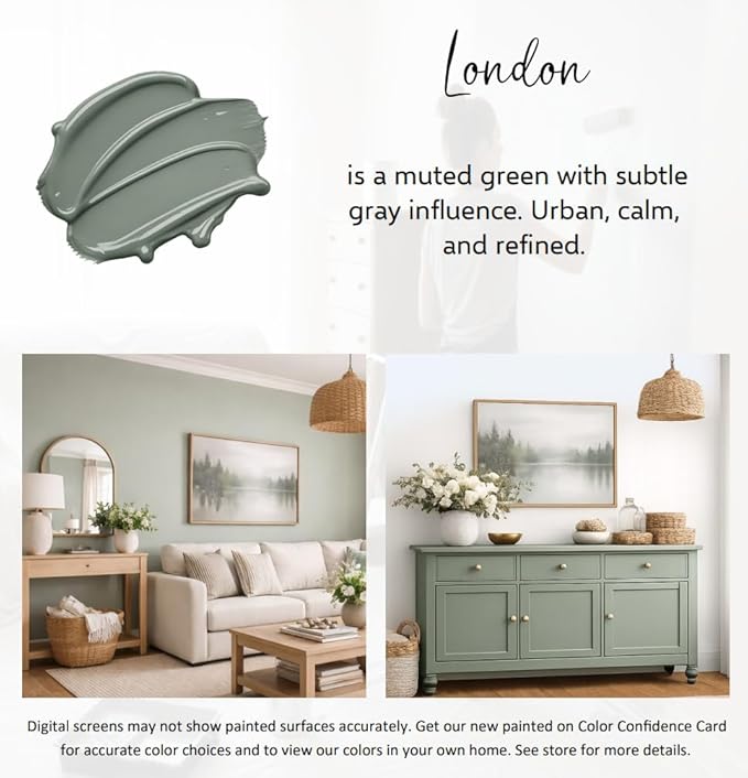 ALL-IN-ONE Paint by Heirloom Traditions, London (Muted Green), Gallon - Durable cabinet and furniture paint. Built in primer and top coat, no sanding needed. Includes our 30 featured color card.